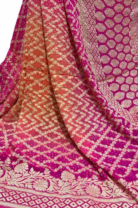 Pink Banarasi Bandhani Pure Georgette Saree - Luxurion World