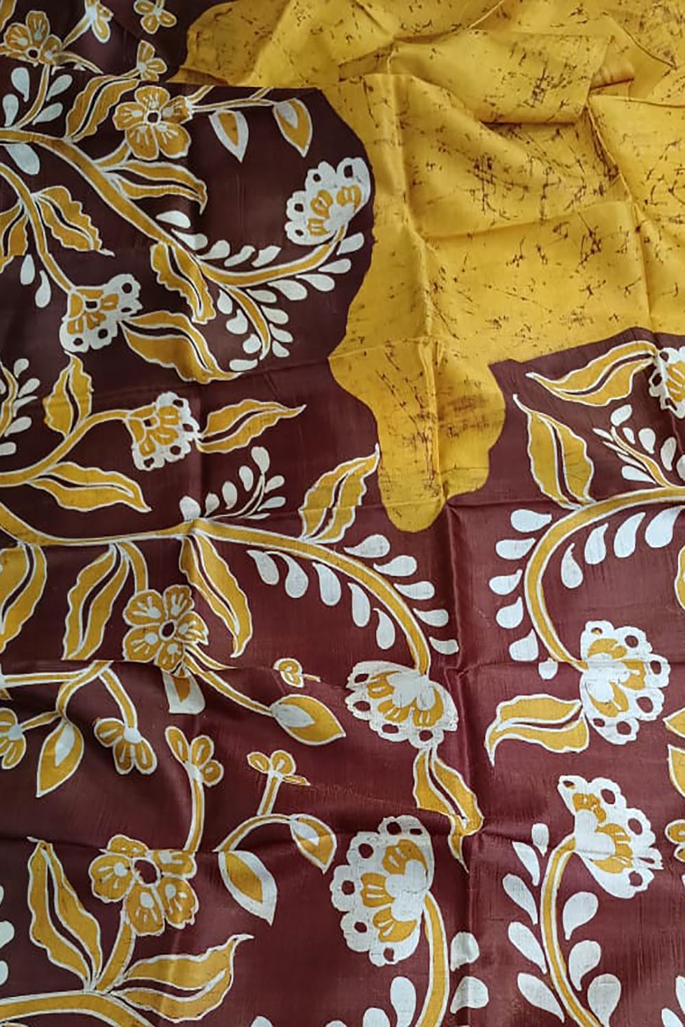 Yellow And Brown Hand Batik Bishnupuri Silk Saree - Luxurion World