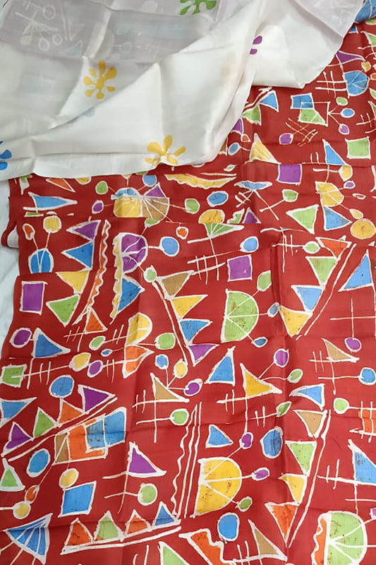 Off White And Red Hand Batik Bishnupuri Silk Saree - Luxurion World