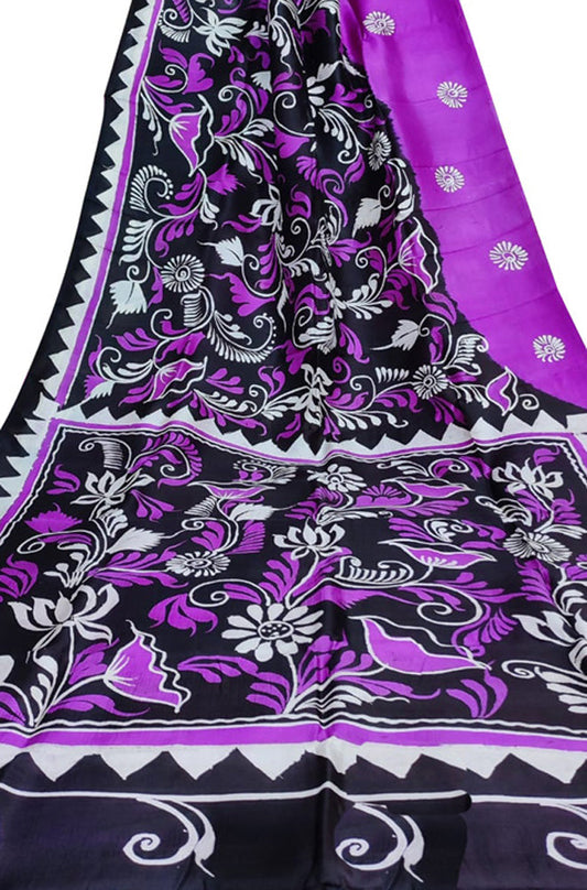 Purple And Black Hand Batik Bishnupuri Silk Saree - Luxurion World