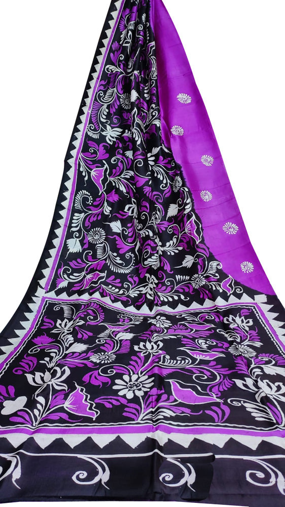 Purple And Black Hand Batik Bishnupuri Silk Saree - Luxurion World
