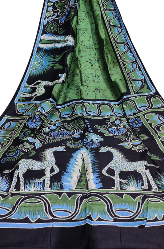 Green Hand Batik Bishnupuri Silk Saree - Luxurion World