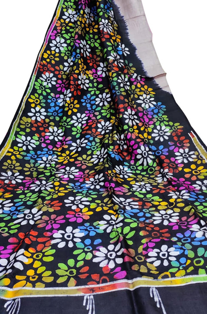 Stunning Black and Pastel Hand Batik Bishnupuri Silk Saree - Perfect for Any Occasion! - Luxurion World