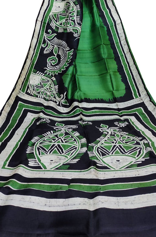 Green Hand Batik Bishnupuri Silk Saree - Luxurion World