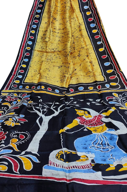 Yellow Hand Batik Bishnupuri Silk Saree - Luxurion World