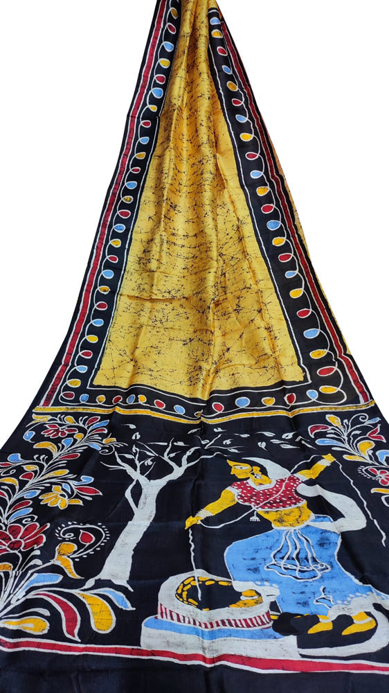 Yellow Hand Batik Bishnupuri Silk Saree - Luxurion World