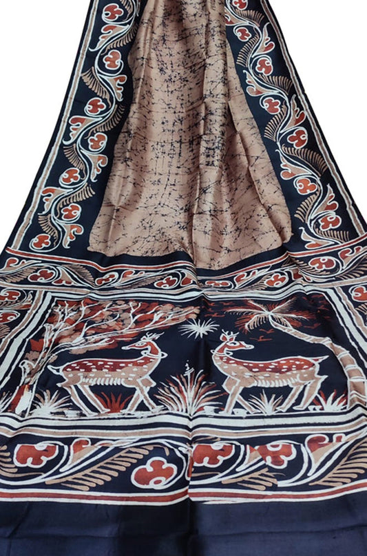 Brown Hand Batik Bishnupuri Silk Saree - Luxurion World