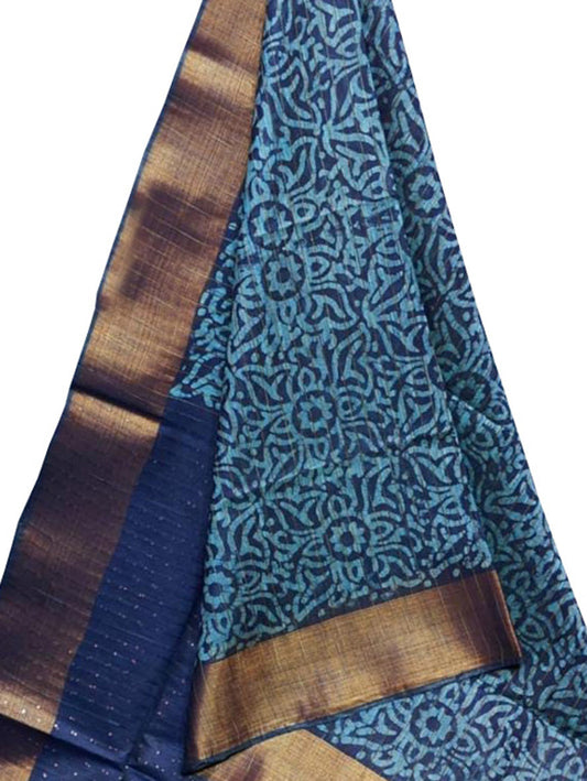 Blue Batik Print Kota Zari Border Saree - Luxurion World