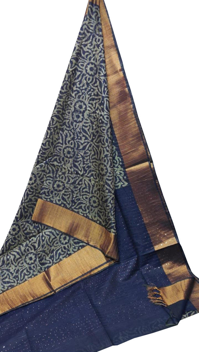 Blue Batik Print Kota Zari Border Saree - Luxurion World