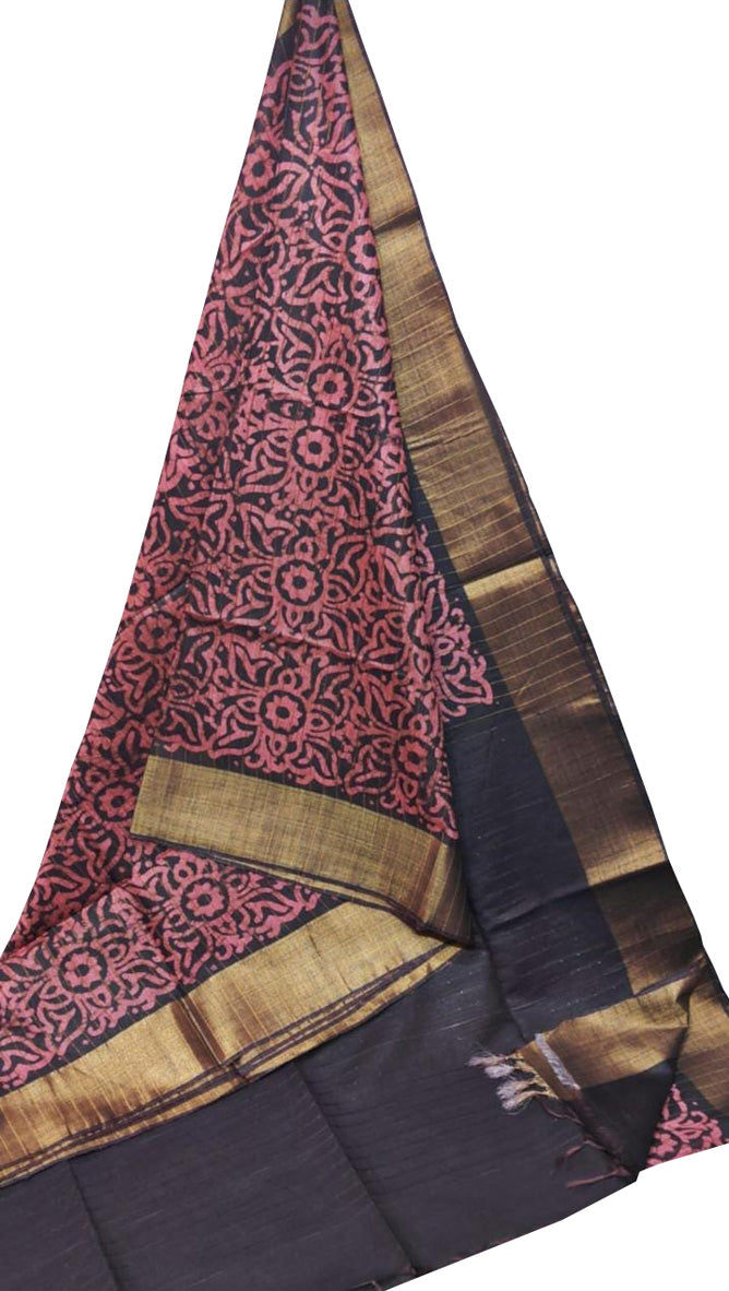 Black Batik Print Kota Zari Border Saree - Luxurion World