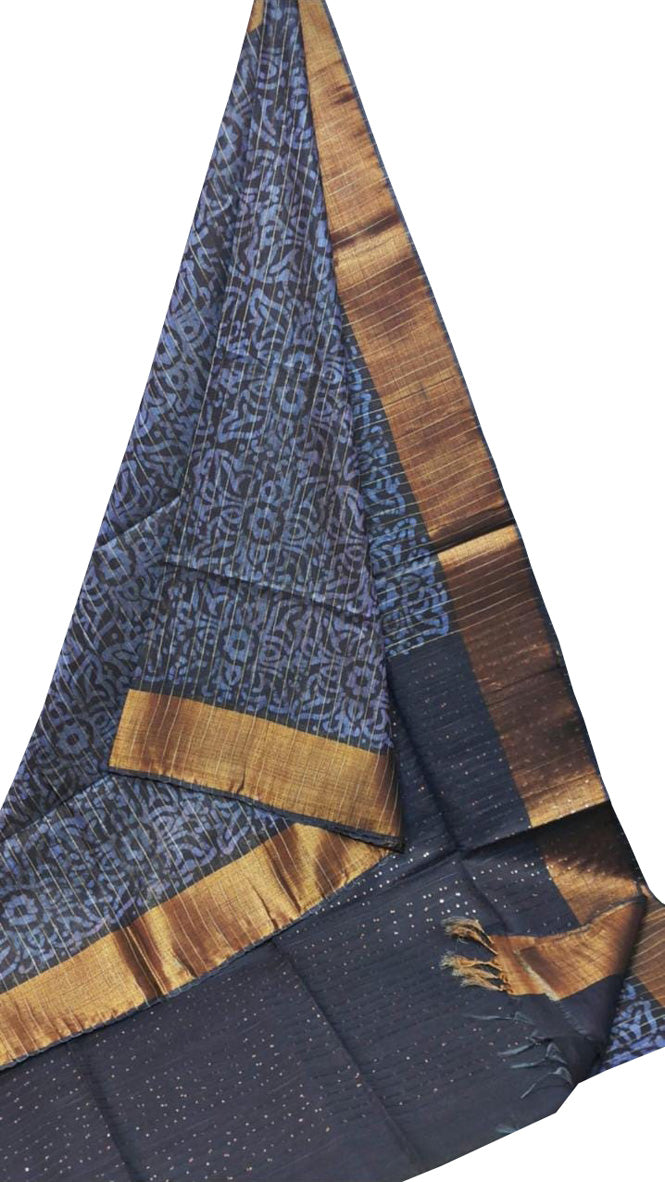 Blue Batik Print Kota Zari Border Saree - Luxurion World