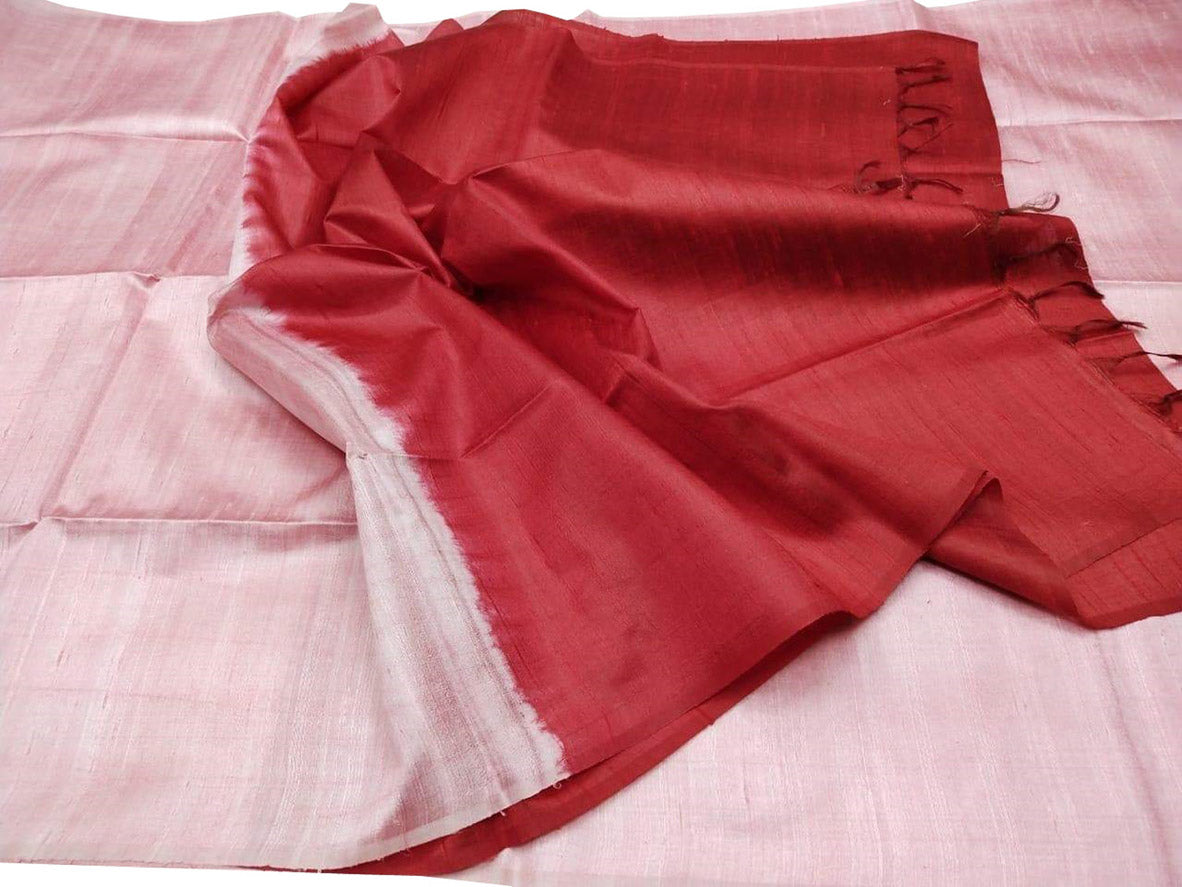 Pink And Red Bhagalpur Handloom Pure Raw Silk Saree - Luxurion World