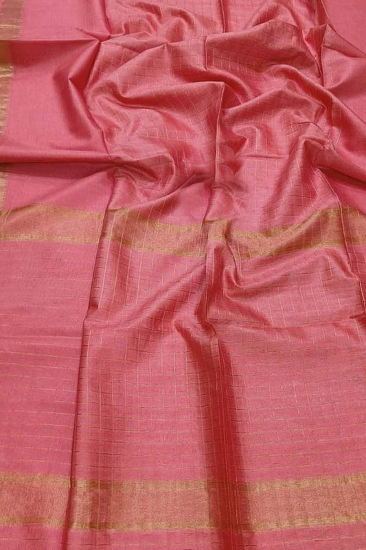 Pink Bhagalpur Handloom Kota Checks Saree - Luxurion World