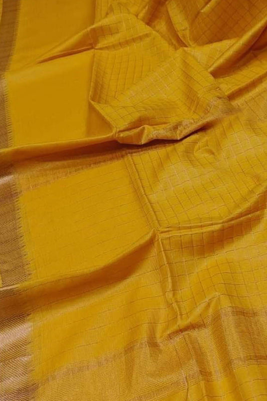 Yellow Bhagalpur Handloom Kota Checks Saree - Luxurion World