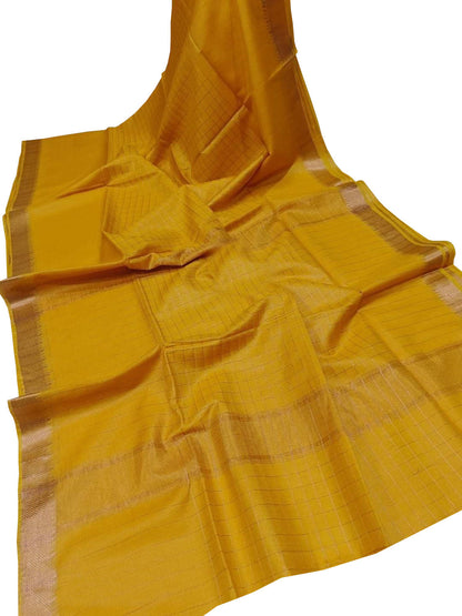 Yellow Bhagalpur Handloom Kota Checks Saree - Luxurion World