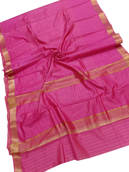 Pink Bhagalpur Handloom Kota Checks Saree - Luxurion World