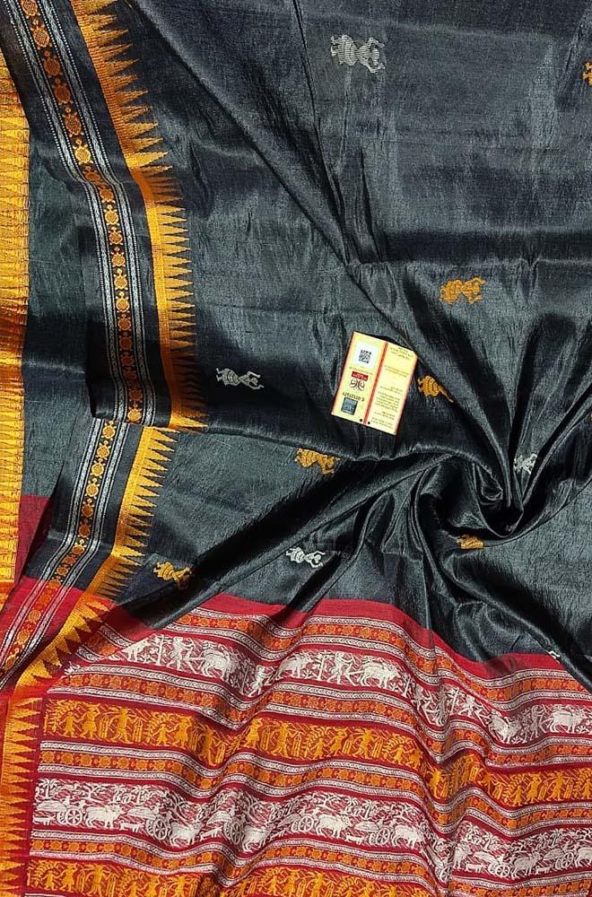 Black Handloom Bhagalpur Pure Tussar Silk Saree