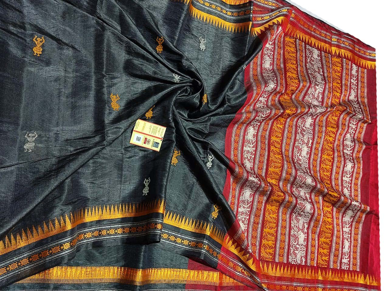 Black Handloom Bhagalpur Pure Tussar Silk Saree