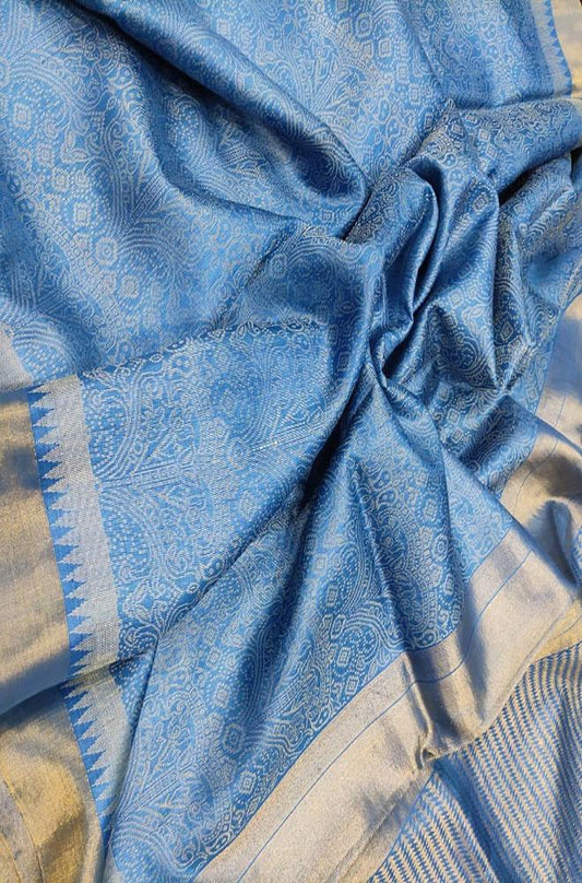 Blue Handloom Bhagalpur Pure Tussar Silk Saree - Luxurion World