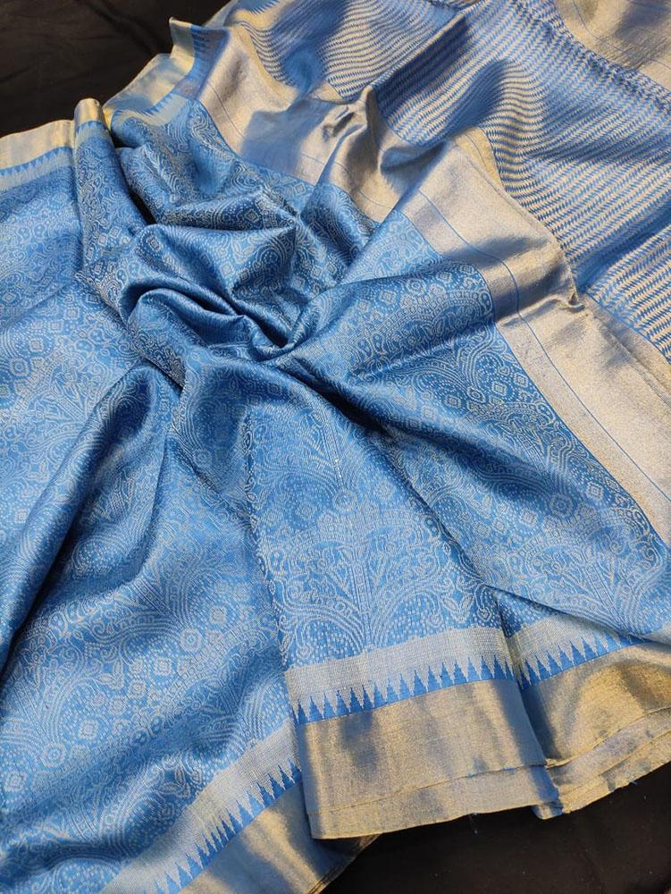 Blue Handloom Bhagalpur Pure Tussar Silk Saree - Luxurion World