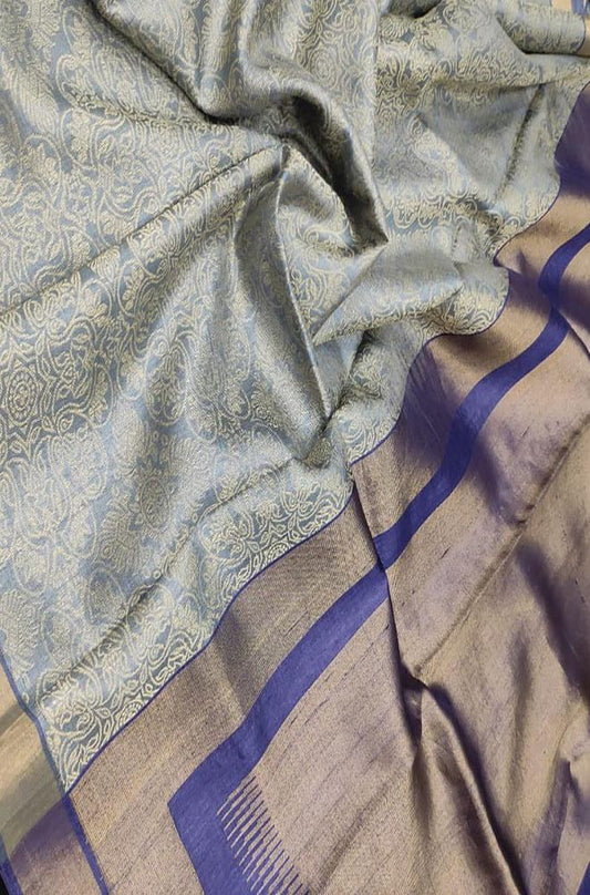 Grey Handloom Bhagalpur Pure Tussar Silk Saree - Luxurion World