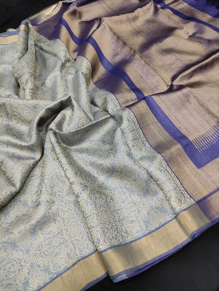 Grey Handloom Bhagalpur Pure Tussar Silk Saree - Luxurion World