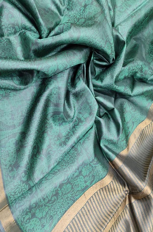 Green Handloom Bhagalpur Pure Tussar Silk Saree - Luxurion World