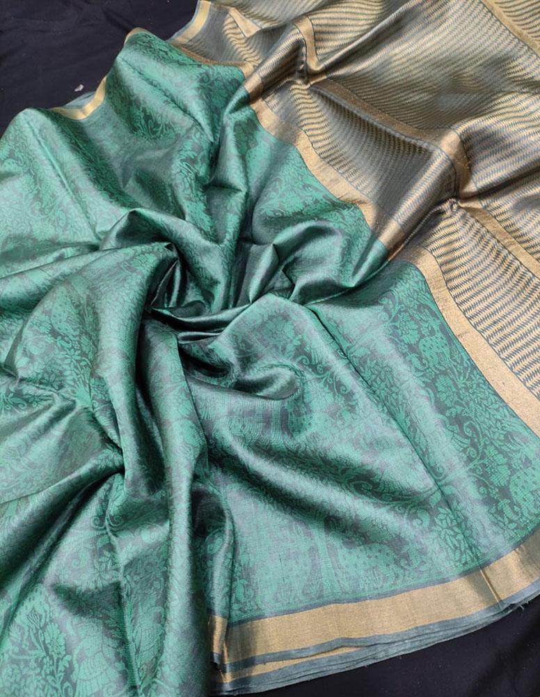 Green Handloom Bhagalpur Pure Tussar Silk Saree - Luxurion World