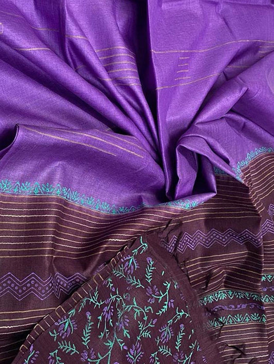 Purple And Brown Bhagalpur Handloom Pure Tussar Silk Saree