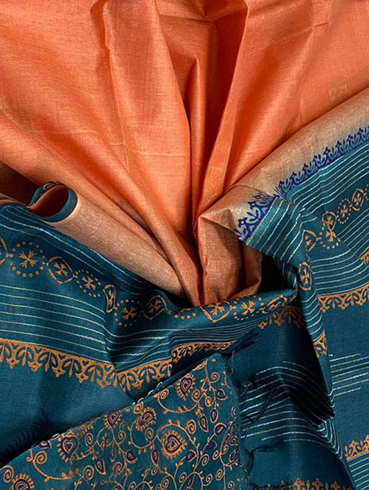 Orange And Green Bhagalpur Handloom Pure Tussar Silk Saree