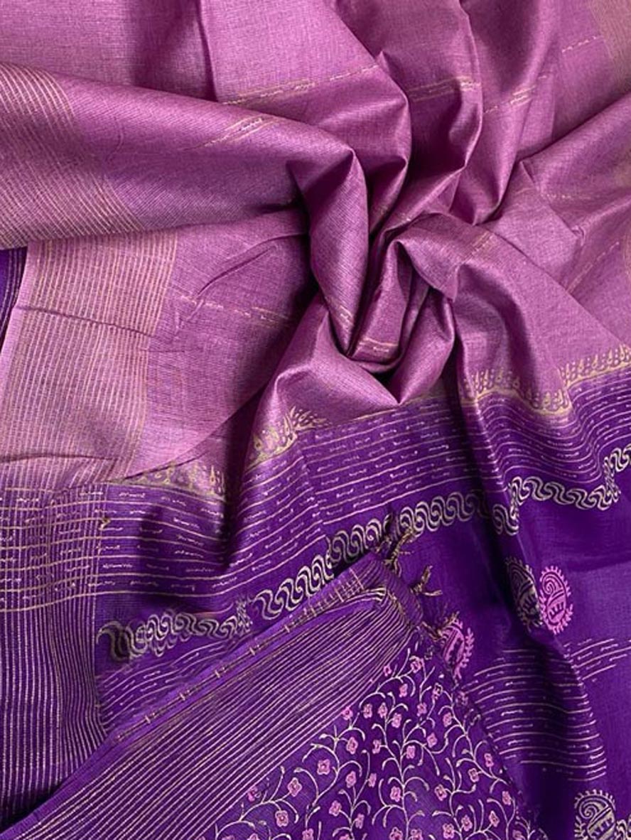 Pink And Purple Bhagalpur Handloom Pure Tussar Silk Saree - Luxurion World