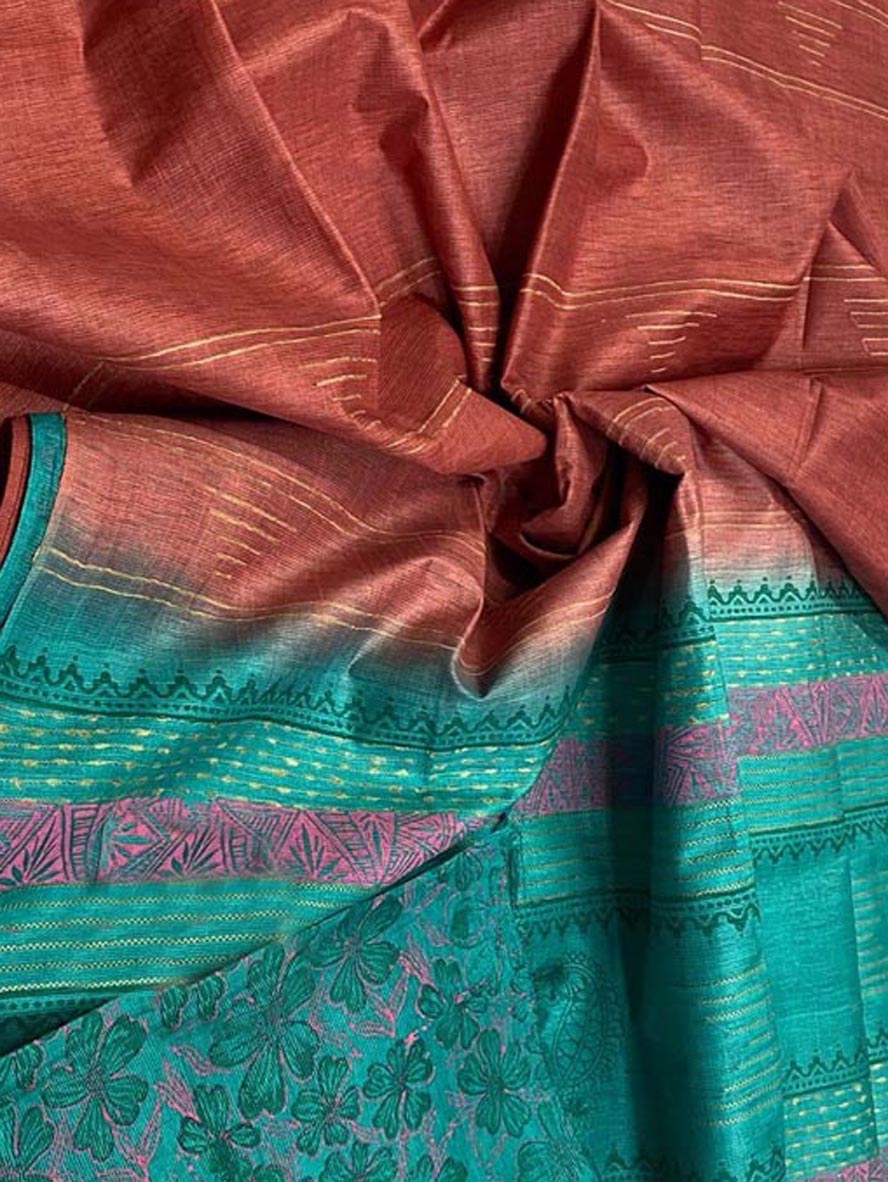 Brown And Green Bhagalpur Handloom Pure Tussar Silk Saree
