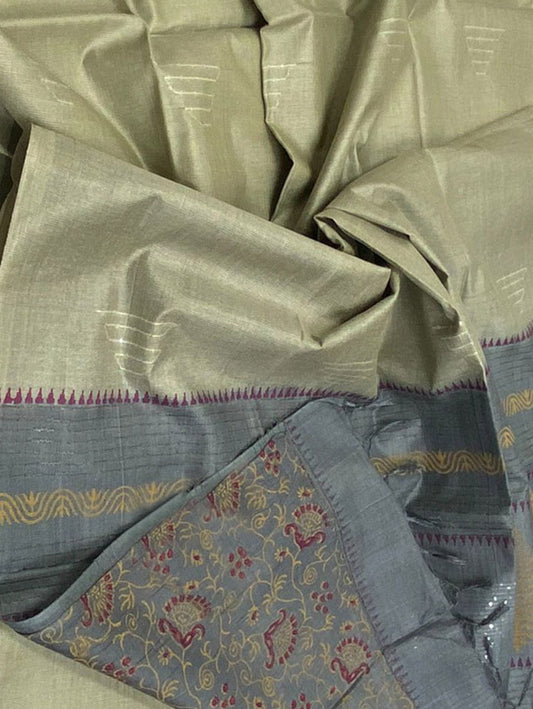 Green And Grey Bhagalpur Handloom Pure Tussar Silk Saree - Luxurion World
