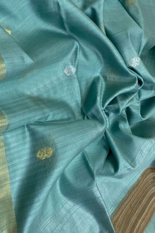 Blue Bhagalpur Handloom Pure Tussar Silk Saree - Luxurion World