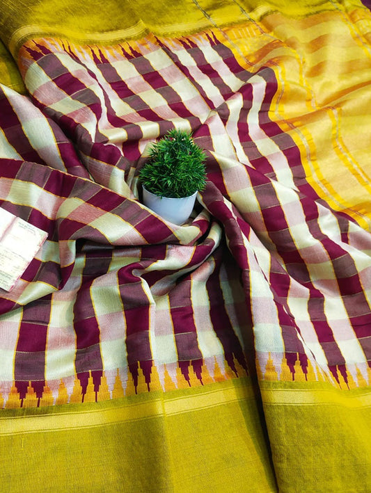 Multicolor Bhagalpur Handloom Pure Raw Silk Temple Border Saree - Luxurion World