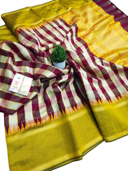 Multicolor Bhagalpur Handloom Pure Raw Silk Temple Border Saree - Luxurion World