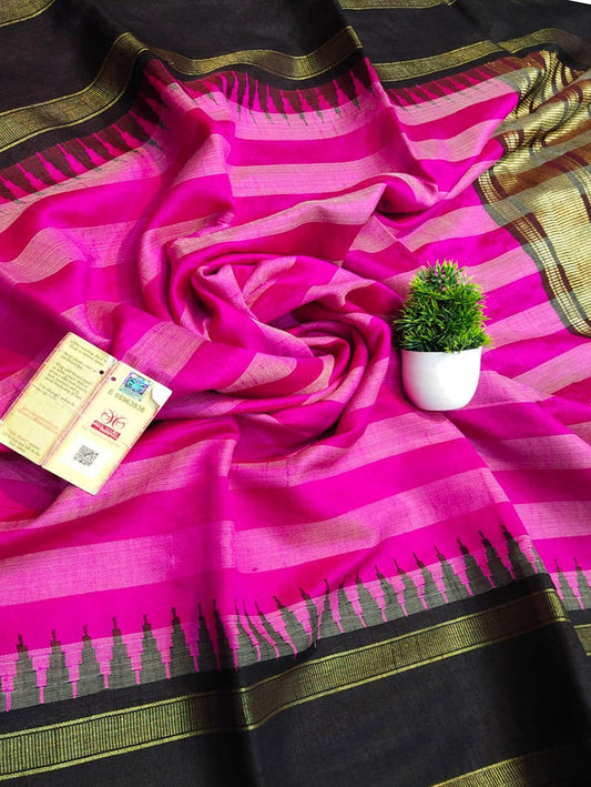 Pink Bhagalpur Handloom Pure Raw Silk Temple Border Saree - Luxurion World