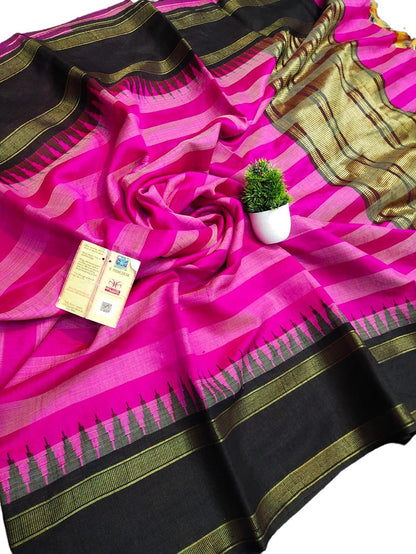 Pink Bhagalpur Handloom Pure Raw Silk Temple Border Saree