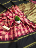 Red Bhagalpur Handloom Pure Raw Silk Temple Border Saree - Luxurion World
