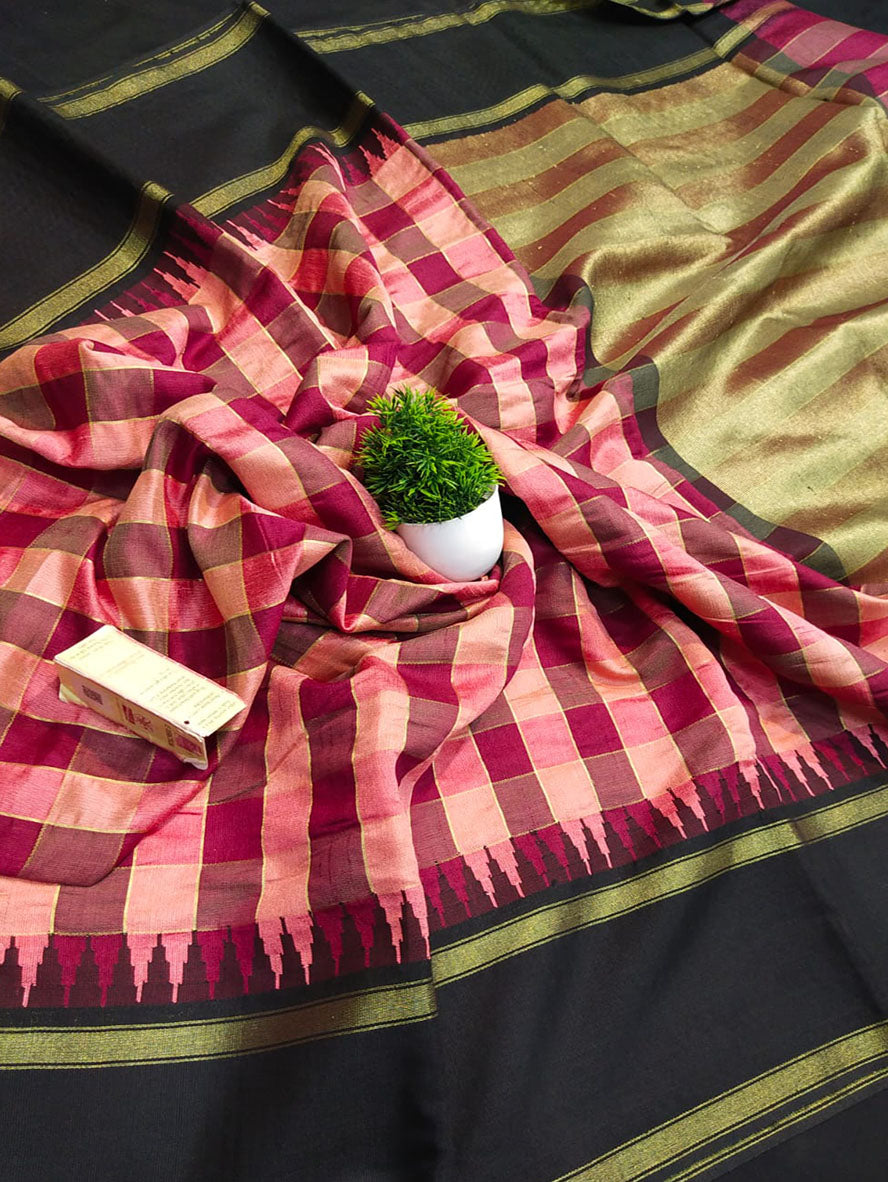 Red Bhagalpur Handloom Pure Raw Silk Temple Border Saree - Luxurion World