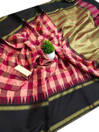 Red Bhagalpur Handloom Pure Raw Silk Temple Border Saree - Luxurion World