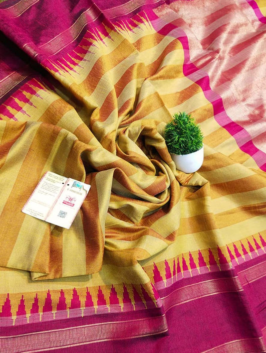 Yellow Bhagalpur Handloom Pure Raw Silk Temple Border Saree