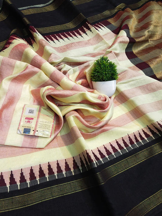 Pastel Bhagalpur Handloom Pure Raw Silk Temple Border Saree - Luxurion World