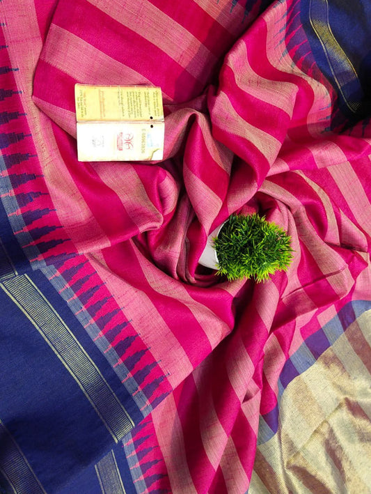 Pink Bhagalpur Handloom Pure Raw Silk Temple Border Saree - Luxurion World