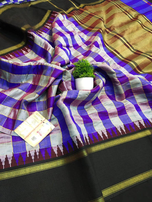 Purple Bhagalpur Handloom Pure Raw Silk Temple Border Saree
