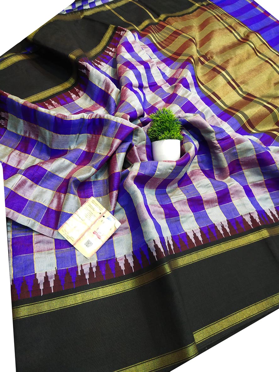 Purple Bhagalpur Handloom Pure Raw Silk Temple Border Saree - Luxurion World