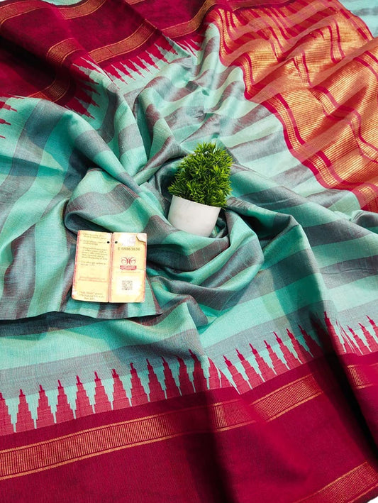 Green Bhagalpur Handloom Pure Raw Silk Temple Border Saree