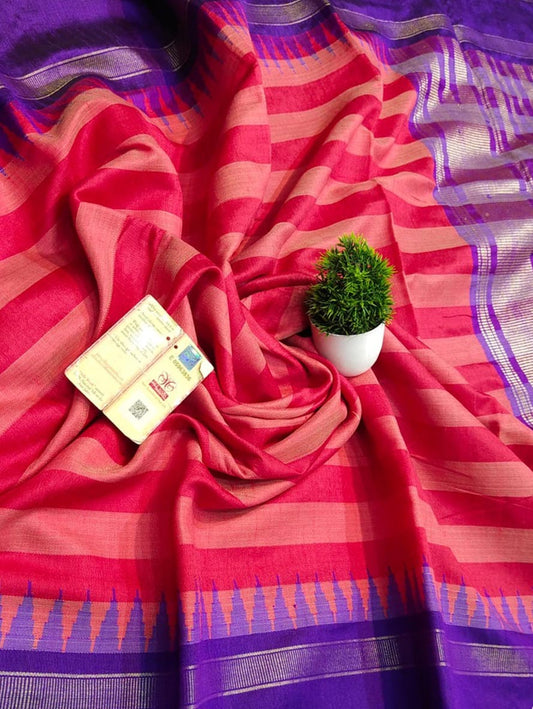 Red Bhagalpur Handloom Pure Raw Silk Temple Border Saree - Luxurion World