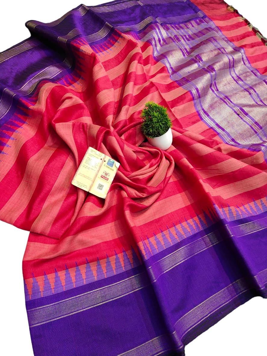 Red Bhagalpur Handloom Pure Raw Silk Temple Border Saree - Luxurion World