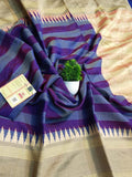 Blue Bhagalpur Handloom Pure Raw Silk Temple Border Saree - Luxurion World